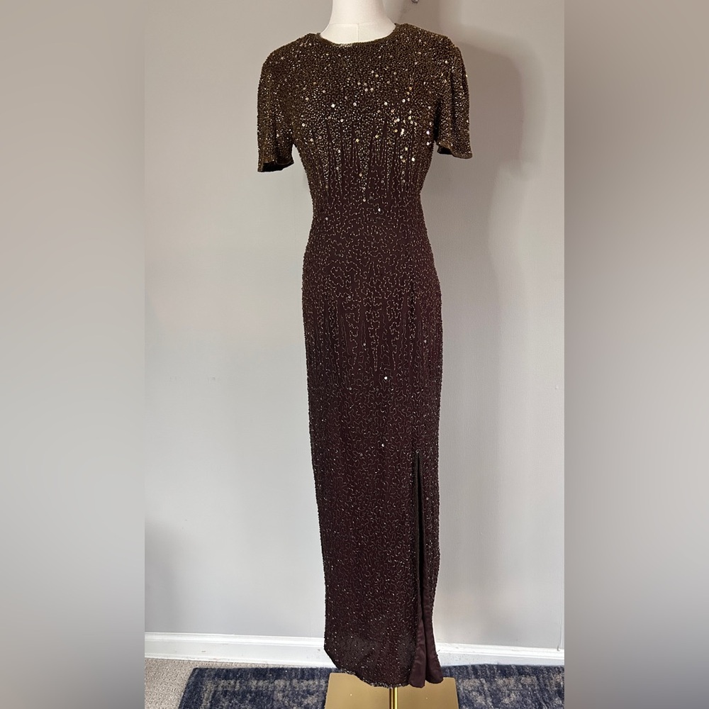 VINTAGE STENAY Silk Brown Bead Gown Art Deco Hollywood Glam Formal Maxi Dress 2 - Picture 3 of 13